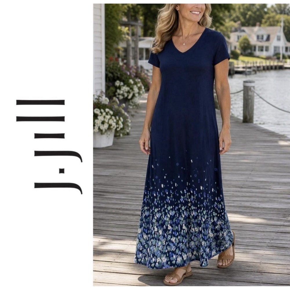Pure J Jill Maxi Dress Large Navy Floral Border Side Slit Modal Cotton Washable